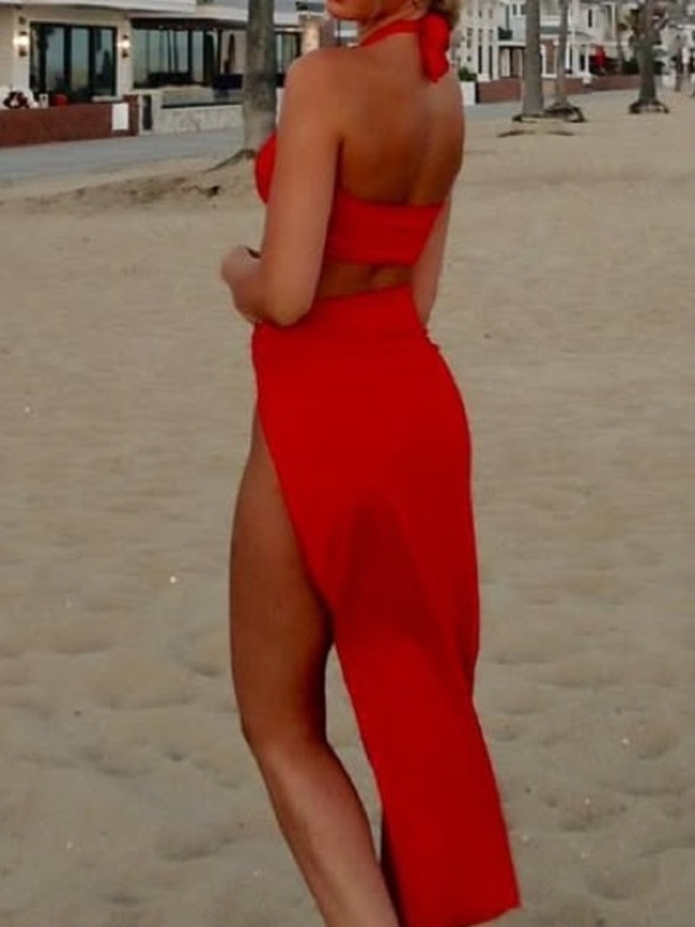 SHEIN Cutout Red Halter Maxi Dress with Side Slit